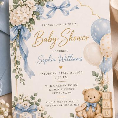 Baby Shower Invitation Blue Teddy Bear