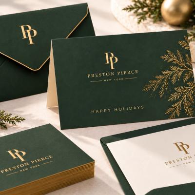Holiday Cards Green Gold Foil Monogram