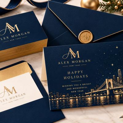 Holiday Cards Navy Gold Nyc Skyline